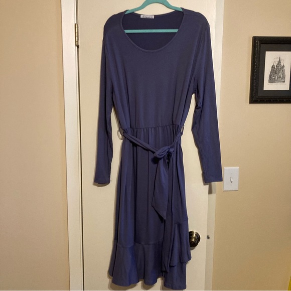 Levaca plain long sleeve flowy modest midi dress with belt - Picture 1 of 4